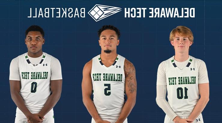 Men's basketball players Cole Matthews, Syed Myles, and Keyon Scott in their basketball uniforms in front of a blue background with the Delaware Tech Basketball logo above their heads in white