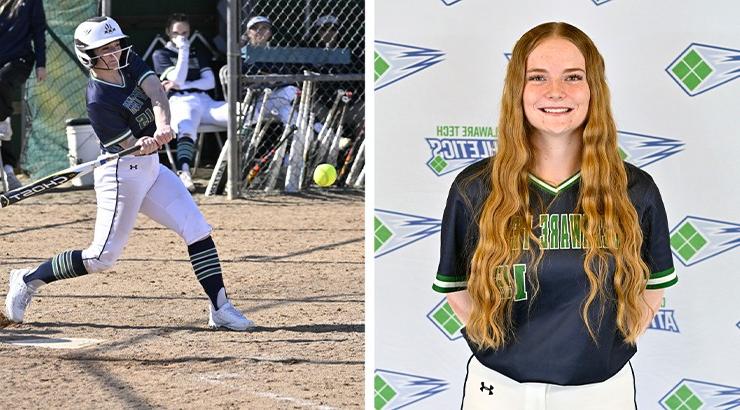 On the left, a photo of Macey Meyers posed in her softball uniform in front of a Delaware Tech Athletics backdrop. On the right, a photo of Macey Meyers swinging a softball bat in her full softball gear.