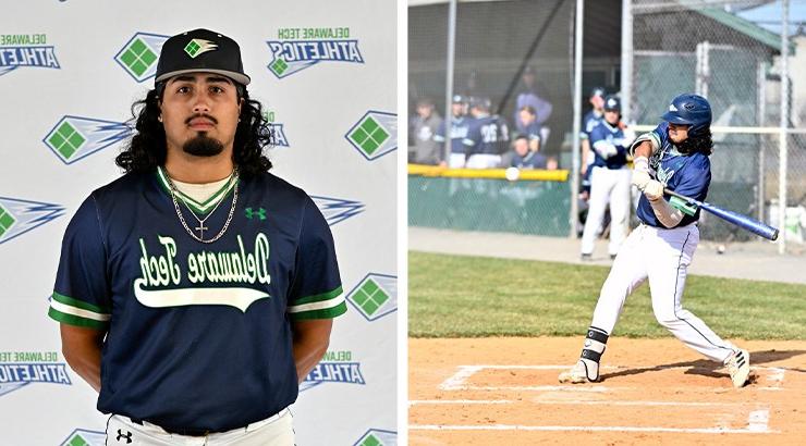 On the left, a photo of Matt Rodriguez swinging a baseball bat during a game. On the right, a photo of Matt Rodriguez in his uniform standing in front of a Delaware Tech Baseball backdrop.