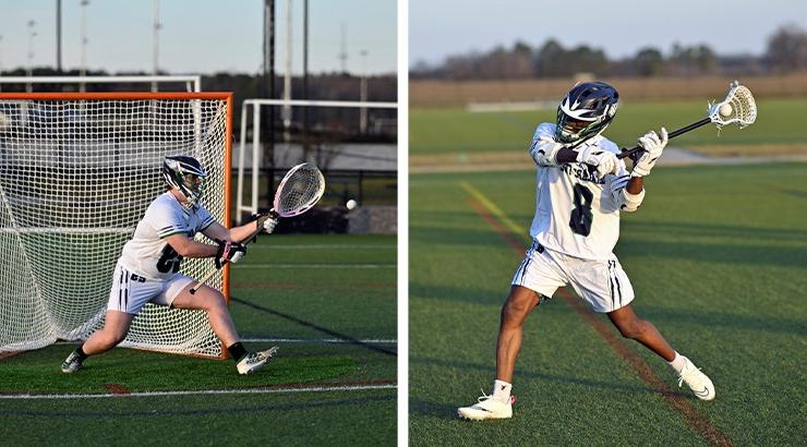 Kevin Nyandemo and Caleb Secrist playing lacrosse